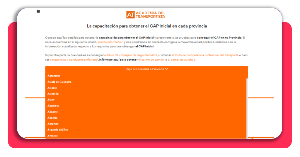 Curso CAP gratis: obtén tu certificado oficial subvencionado 7 Captura de pantalla selección de localidad o provincia en el formulario