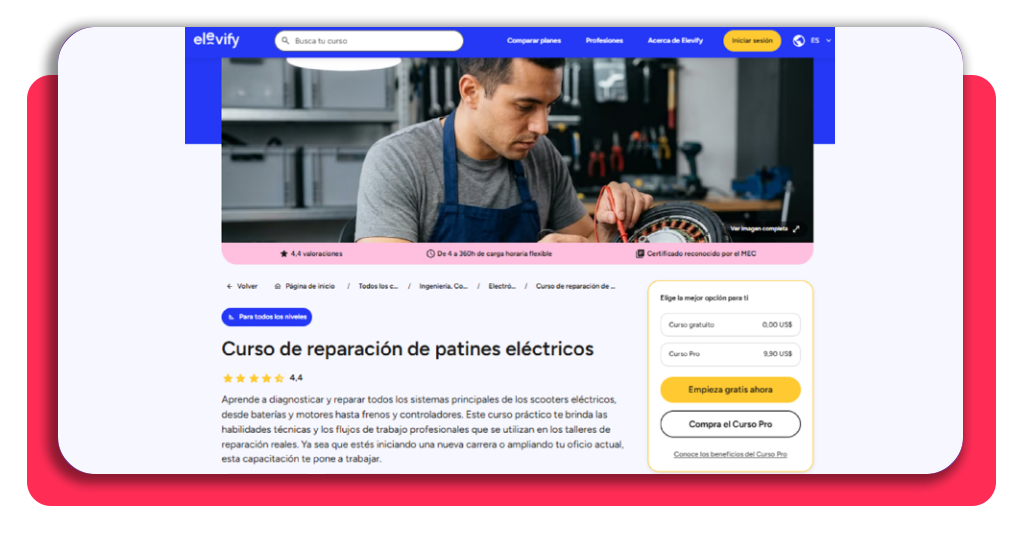 Aprende a reparar patinetes con formación gratis y gana €2.000/mes 3 Página del curso de reparación de patines eléctricos en Elevify