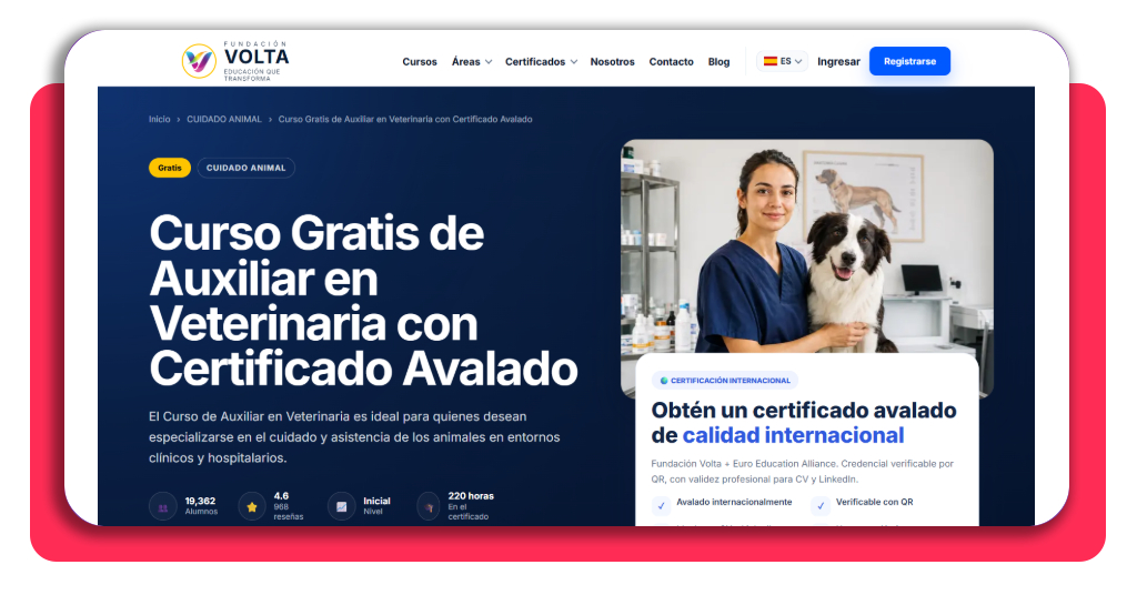 Paso 1 del registro en la plataforma de Fundación Volta para el curso de auxiliar de veterinaria gratis
