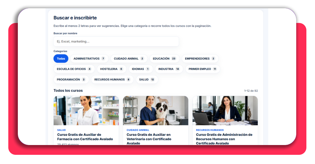 Búsqueda e inscripción al curso de auxiliar de veterinaria gratis en la plataforma