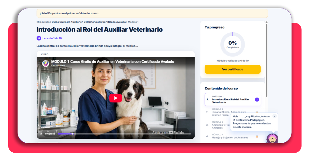 Acceso al contenido del curso de auxiliar de veterinaria gratis en Fundación Volta