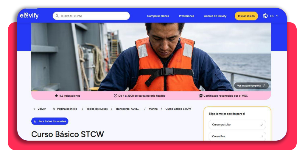 Curso STCW 100% gratis: requisito para trabajar en barcos 3 Página del curso STCW en la plataforma Elevify
