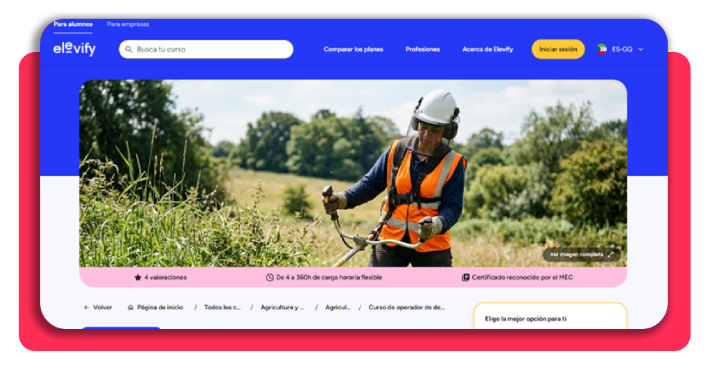 Página web oficial del curso de operador de desbrozadora en Elevify