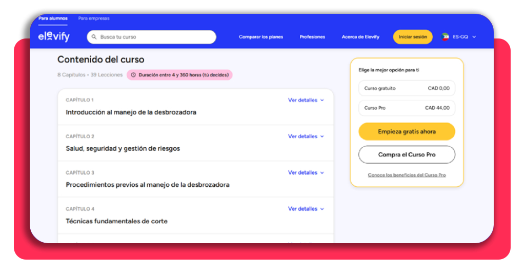 Detalle de lecciones del curso de desbrozadora en Elevify