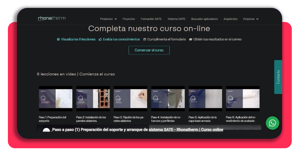 Panel de contenido del curso online SATE Rhonatherm