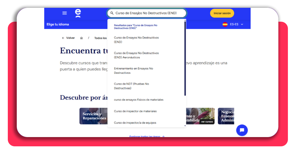 Curso técnico END gratis: fórmate para ganar €3.000 al mes 4 Búsqueda del curso de Ensayos No Destructivos en la plataforma Elevify