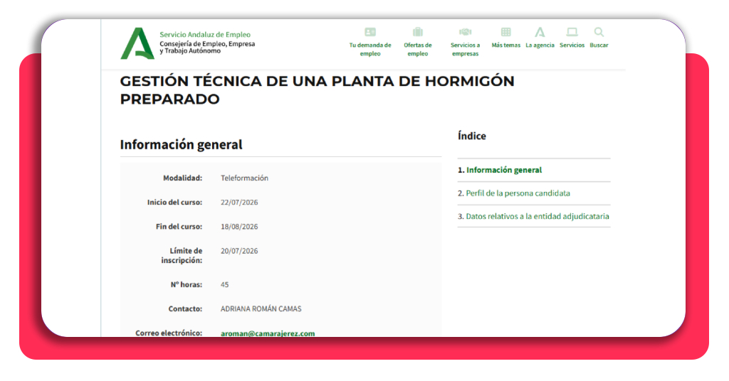 Paso 2 para verificar especificaciones del curso en el SEPE