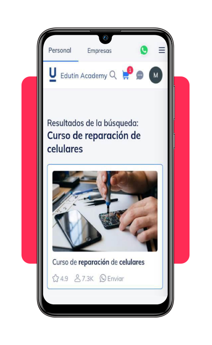 Buscador de Edutin Academy con la búsqueda de curso de reparación de celulares