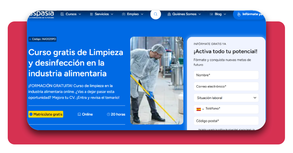 Curso higiene alimentaria gratis: inscríbete hoy mismo 4 Formulario de inscripción del curso de higiene alimentaria en la web de Grupo Aspasia