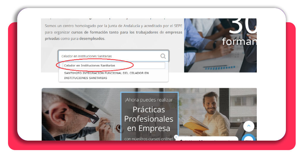 Búsqueda del curso Celador en Instituciones Sanitarias en la plataforma