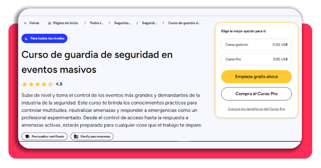 ¡Trabaja en grandes eventos! Curso de guardia de seguridad gratis 4 Elegir plan gratuito o Pro en el curso de guardia de seguridad