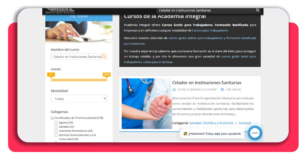 Selección de la formación de celador sanitario en la plataforma