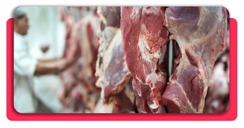 Curso de carnicería gratis: consigue tu certificado y empleo 4 Una vista detallada de cortes de carne de alta calidad suspendidos en un entorno profesional de procesamiento de alimentos, mostrando la frescura del producto.