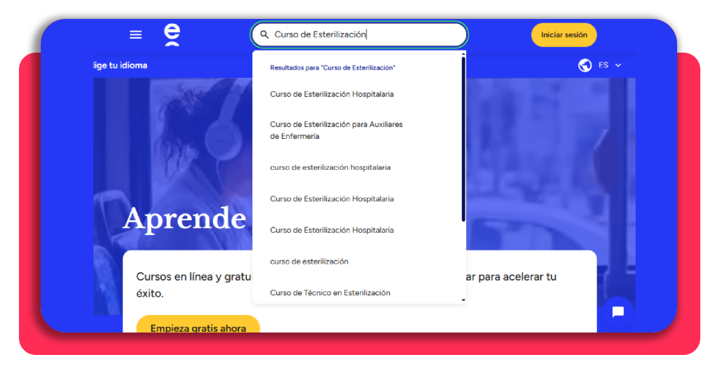 Curso técnico esterilización gratis: inscríbete hoy mismo 4 Paso 2 búsqueda del curso de esterilización en la barra de navegación de Elevify