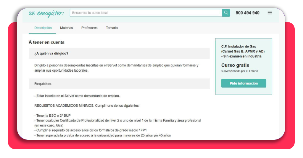 Persona verificando requisitos para inscribirse en curso instalador gas B