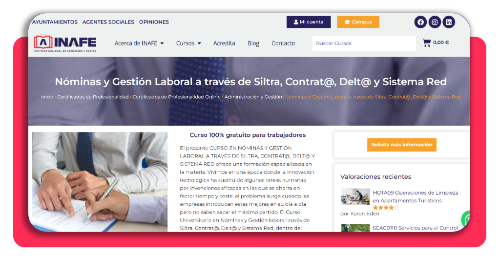 ¿Quieres trabajar en administración? Aprende gestión de nóminas 3 Ficha del curso de nóminas y gestión laboral en el portal de INAFE