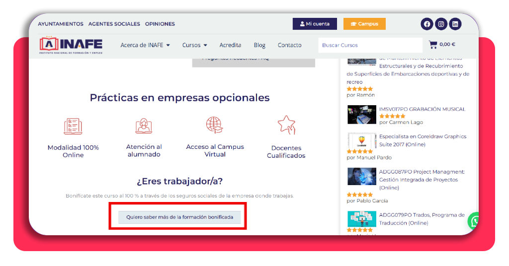 ¿Quieres trabajar en administración? Aprende gestión de nóminas 4 Sección de bonificación en el portal de INAFE para formación de trabajadores