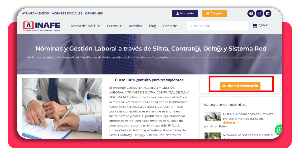 ¿Quieres trabajar en administración? Aprende gestión de nóminas 5 Botón de solicitar información en el lateral derecho del portal INAFE