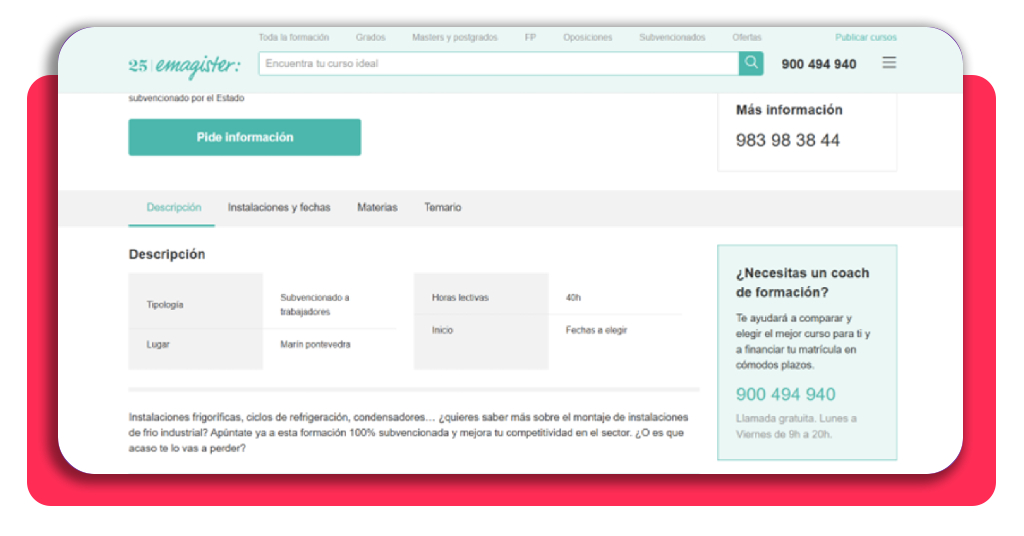 Detalle de la ficha del curso de montaje e instalación de frío industrial
