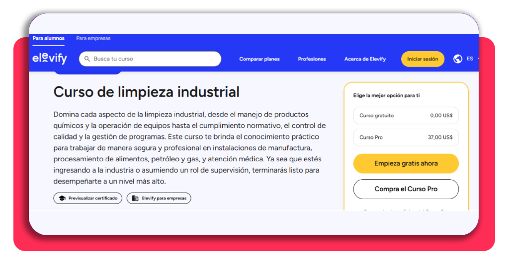 Curso de limpieza industrial gratis: aprende el manejo de máquinas 2 Ficha del curso de limpieza industrial en la plataforma Elevify