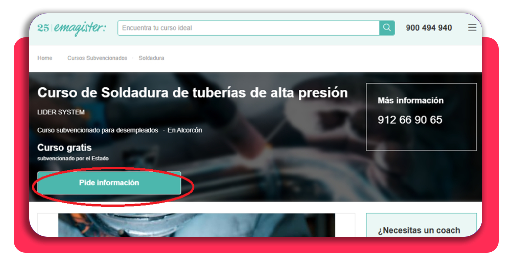 ¡Consigue un empleo industrial! Curso de soldadura de tuberías gratis 3 Paso 2: consultar la ficha del curso de soldadura de tuberías de alta presión en Emagister
