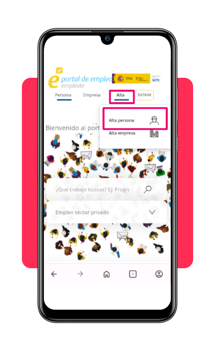 Crear cuenta en Empléate - opción Alta persona