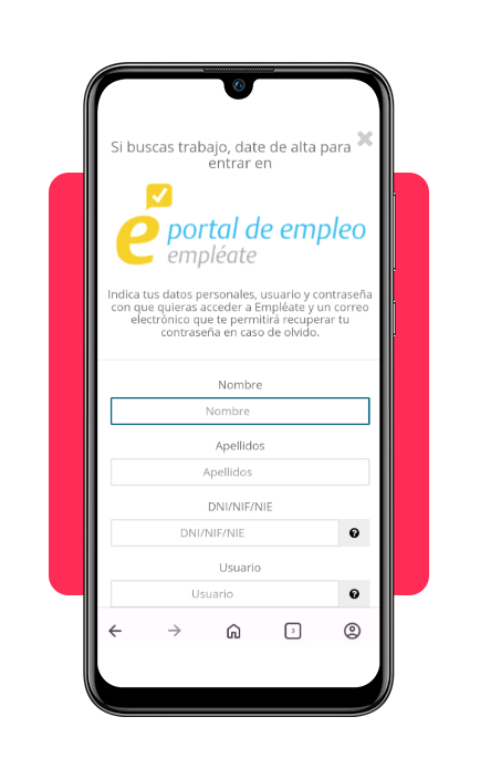 Formulario de registro en Empléate - datos personales