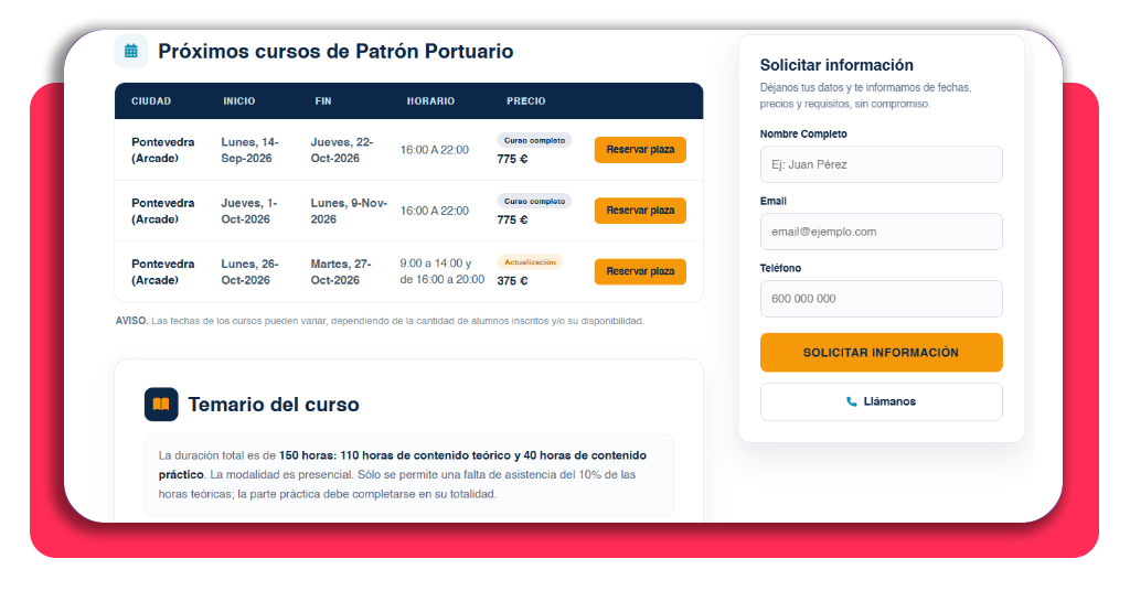 Curso de patrón portuario gratis: obtén el título de mando 3 Página web del curso de patrón portuario con el botón reservar plaza