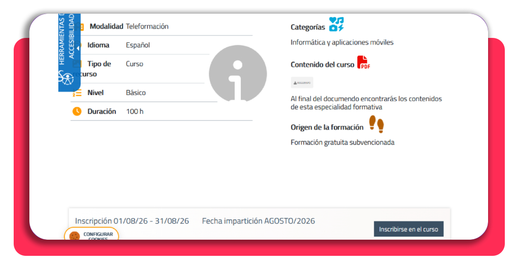 Inmigrante, así encuentras cursos gratis para acceder a empleo (SEPE) 4 Ficha del curso con botón Inscribirse en el SEPE