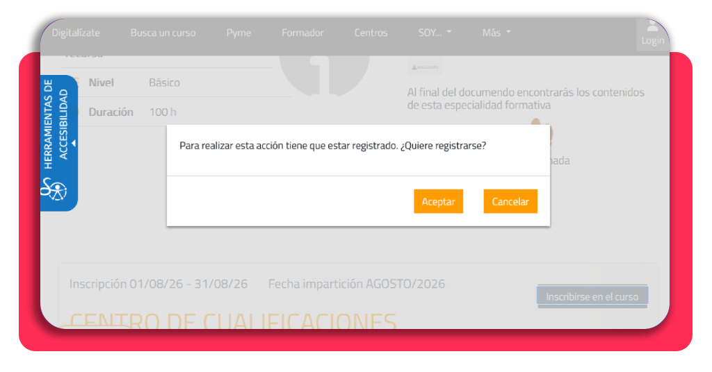 Inmigrante, así encuentras cursos gratis para acceder a empleo (SEPE) 5 Mensaje emergente de registro previo en la plataforma del SEPE