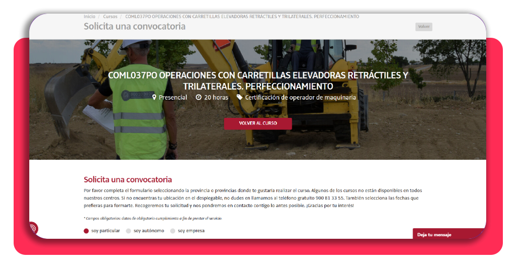 No te quedes en frontal: curso gratis de carretillas retráctiles 4 Página de solicitud de convocatoria del curso COML037PO