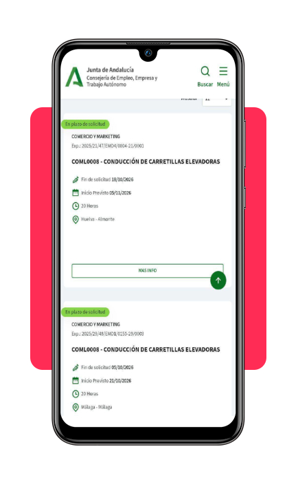 Conviértete en carretillero: curso de conducción de carretillas gratis 3 Búsqueda del curso COML0008 en el portal de la Junta de Andalucía