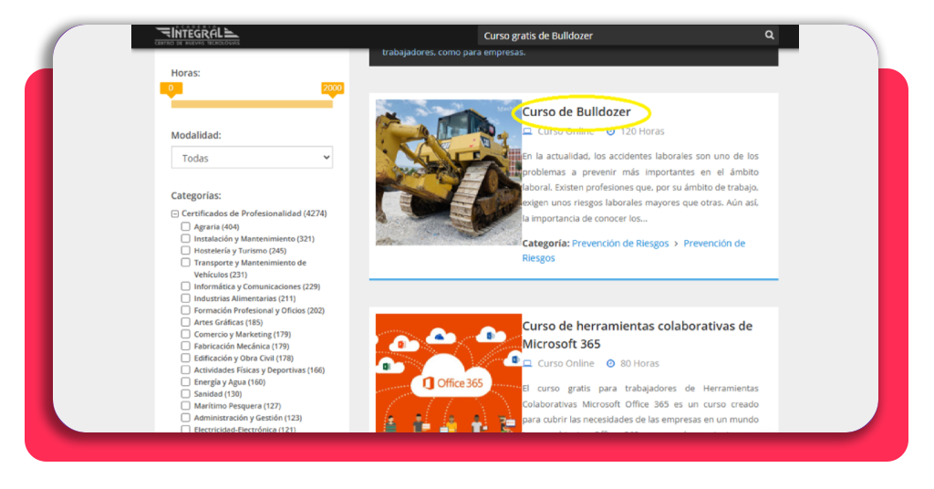 Selección del Curso de Bulldozer en la plataforma Academia Integral