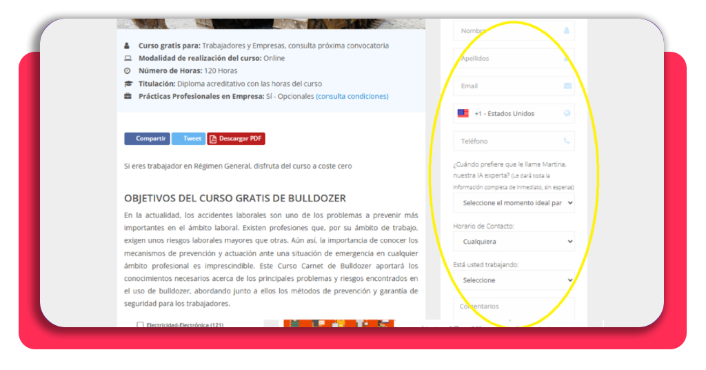 Formulario de inscripción al curso gratis de bulldozer
