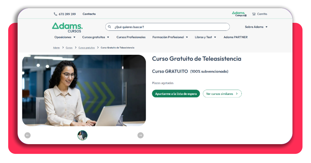 Cuida sin salir de casa: curso de operador de teleasistencia gratis 2 Ficha del curso de teleasistencia en la plataforma de ADAMS Formación