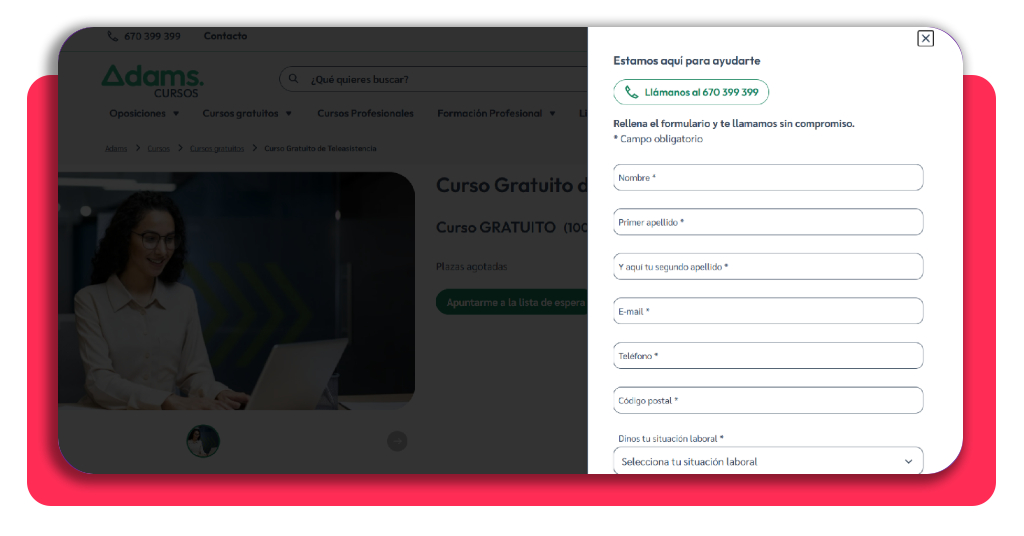 Cuida sin salir de casa: curso de operador de teleasistencia gratis 3 Formulario de matrícula del curso de operador de teleasistencia