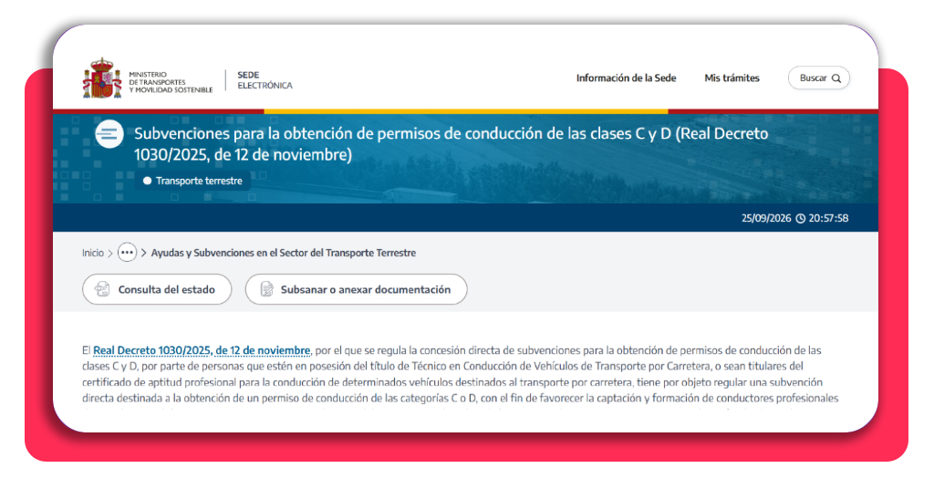Gana hasta 4.000€/mes como camionero certificado por el SEPE 2 Sede electrónica del Ministerio de Transportes para subvenciones del permiso C