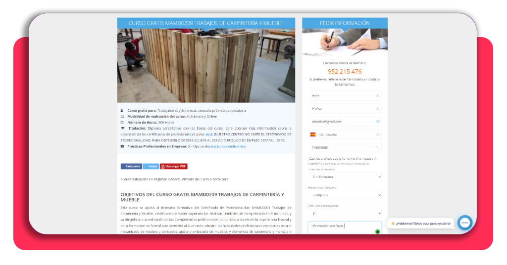 Formulario de inscripción en cursos de carpintería gratis