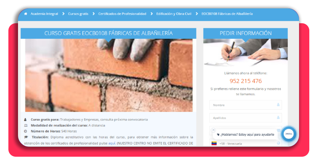 25 € la hora y SIN EXPERIENCIA: fórmate gratis como albañil 3 Selección del curso gratuito de albañilería en el catálogo de Academia Integral