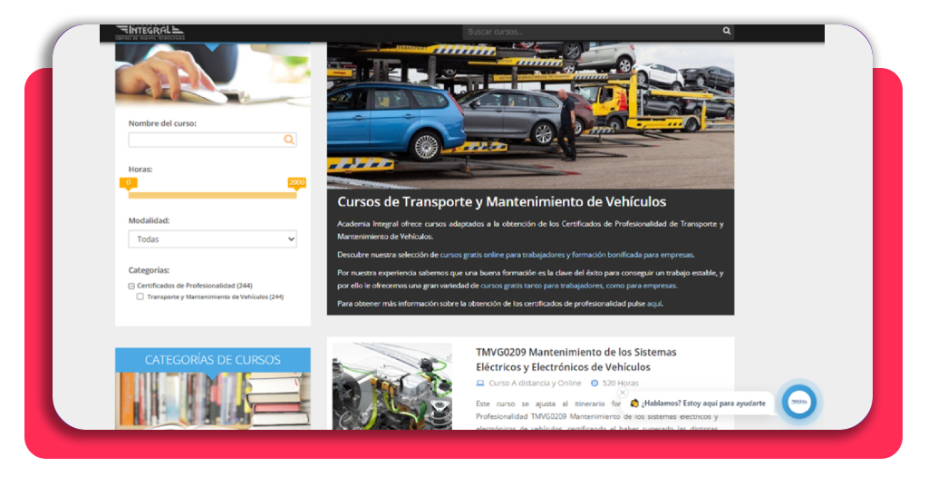 Búsqueda de cursos de Transporte y Mantenimiento de Vehículos en Academia Integral