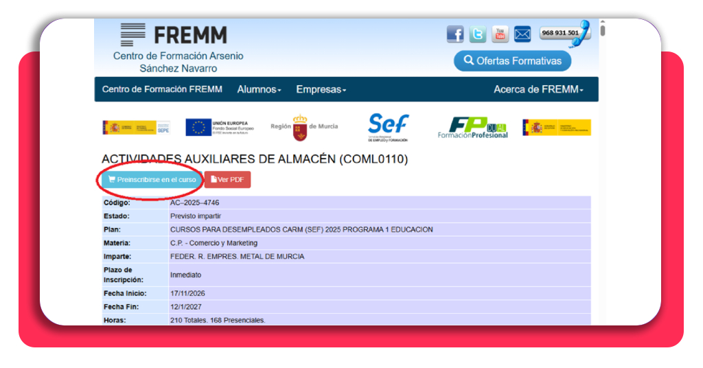 ¡15 PLAZAS AHORA! Curso de almacén GRATIS sin estudios previos 2 Paso 2 ficha e inicio de preinscripción curso de almacén gratis
