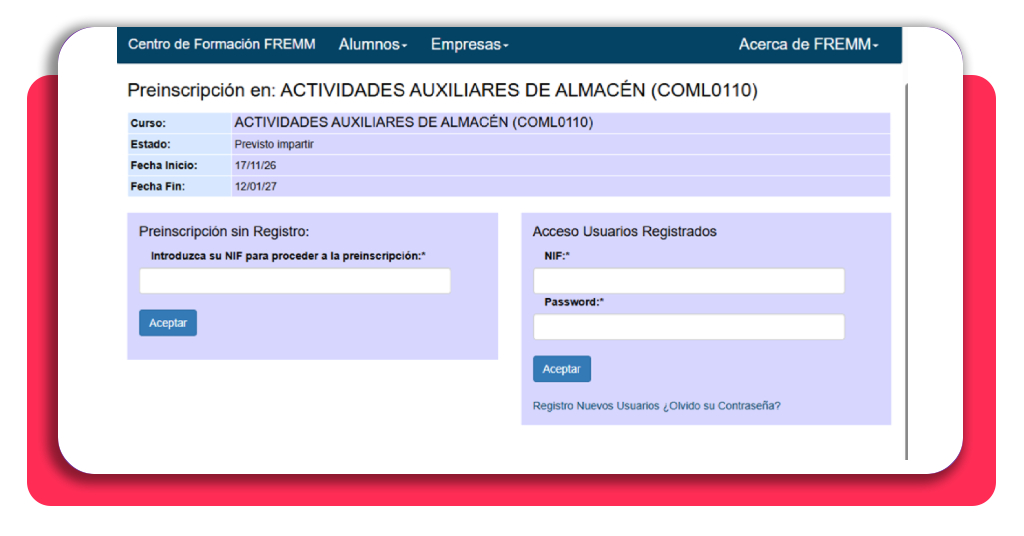 ¡15 PLAZAS AHORA! Curso de almacén GRATIS sin estudios previos 3 Paso 3 introducir NIF para preinscripción curso de almacén gratis