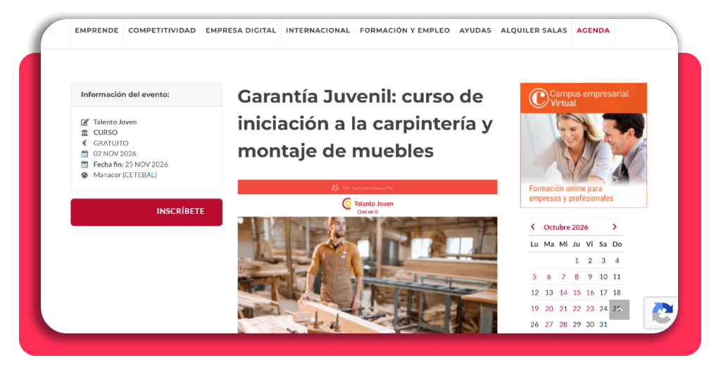 Curso de carpintería GRATIS: plazas abiertas para aprender un oficio 2 Pantalla de inscripción al curso de carpintería gratis en Manacor
