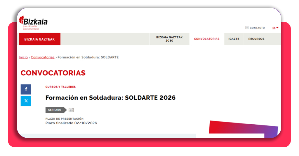 Curso de soldadura con certificación y posibilidad de contratación 1 Captura del portal de empleo de Bizkaia con el buscador de convocatorias