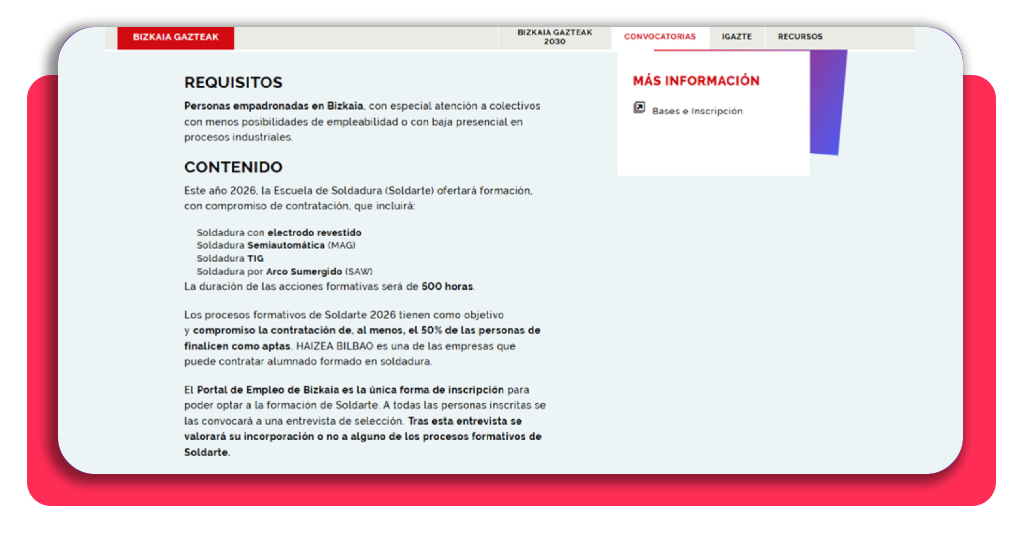 Curso de soldadura con certificación y posibilidad de contratación 2 Sección de más información y bases del curso de soldadura en Bizkaia