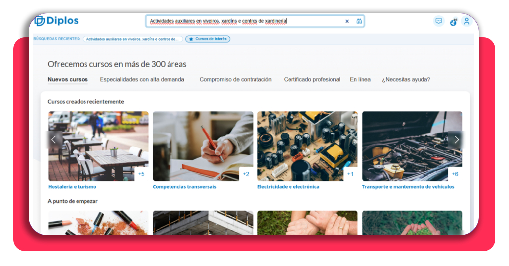 Buscador del portal Diplos para encontrar el curso de jardinería gratis