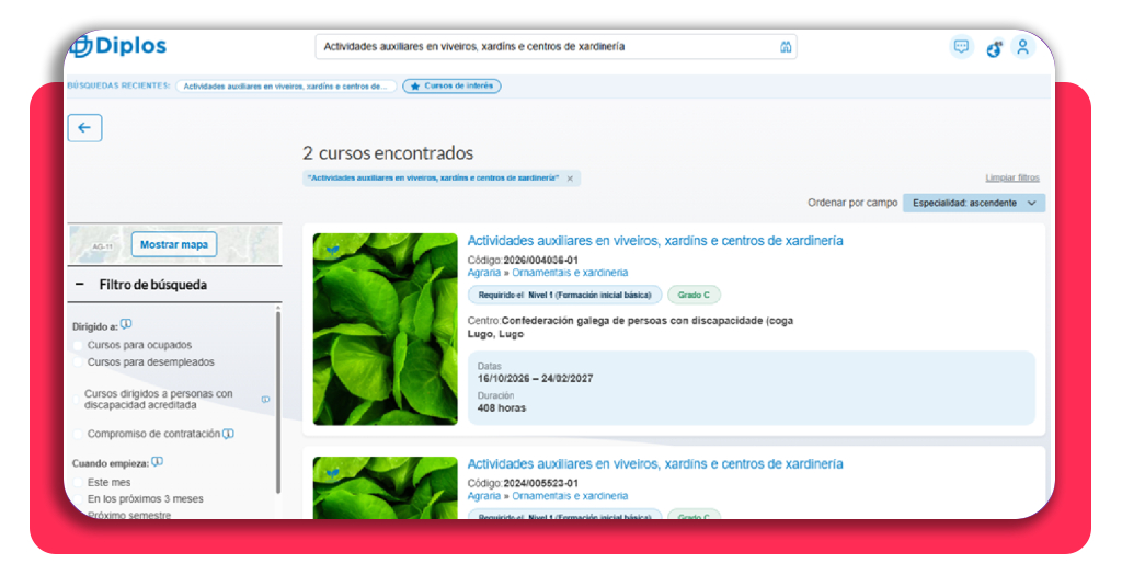 Lista de resultados del curso de jardinería gratis en el portal Diplos