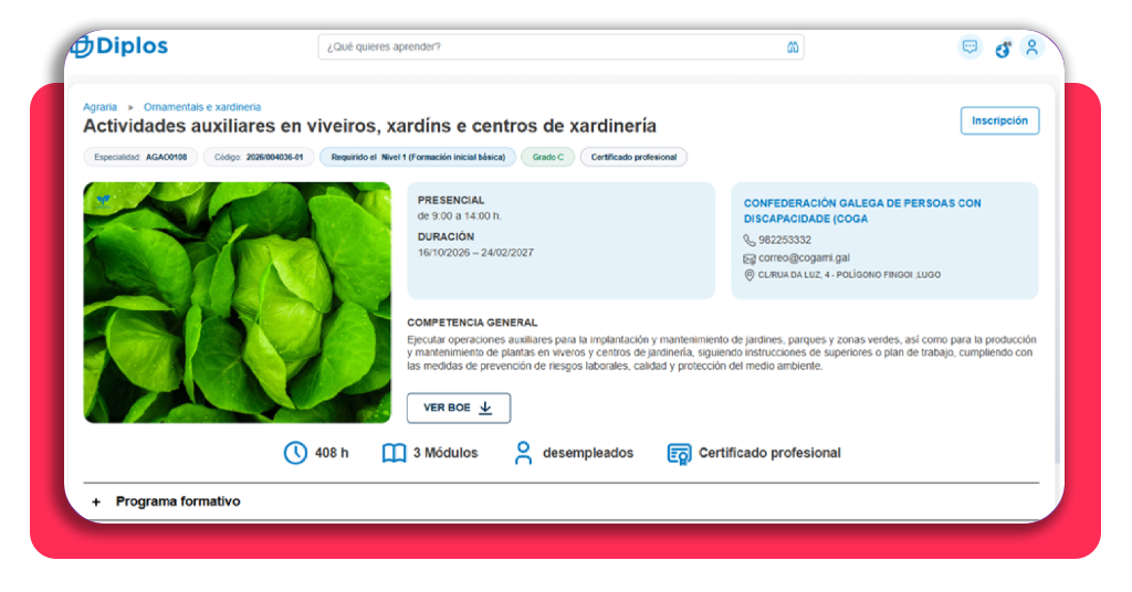 Formulario de inscripción al curso de jardinería gratis en Diplos
