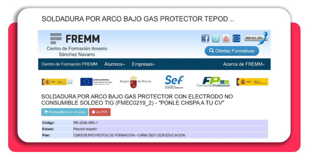 Trabaja como soldador: haz el curso GRATUITO con certificado 1 Sitio web de FREMM con la ficha del curso de soldadura TIG