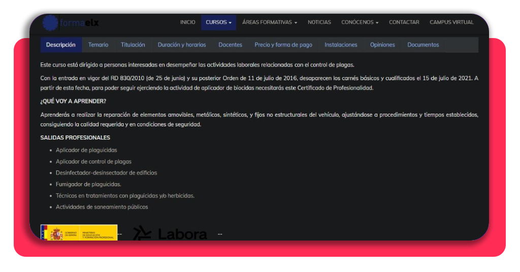Curso de control de plagas para trabajar de INMEDIATO 4 Paso 3 lee la información del curso de control de plagas en Formaelx